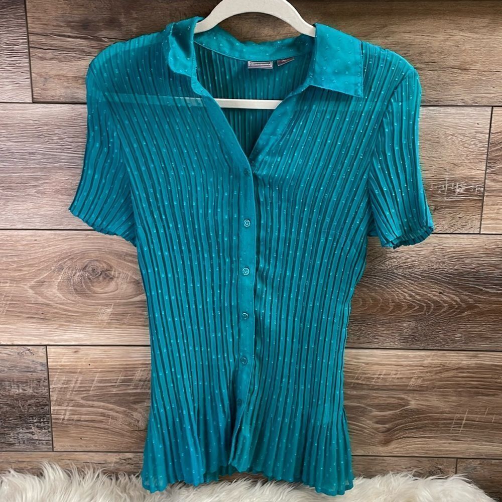 Laura Scott Ladies Large Crinkle Style Sheer Blouse, Size Large, Emerald Green